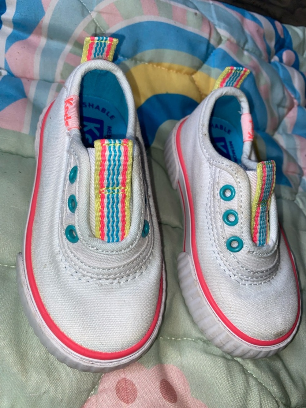 Keds White Canvas Slip-On Shoes with Pink Trim and Multicolor Accents
